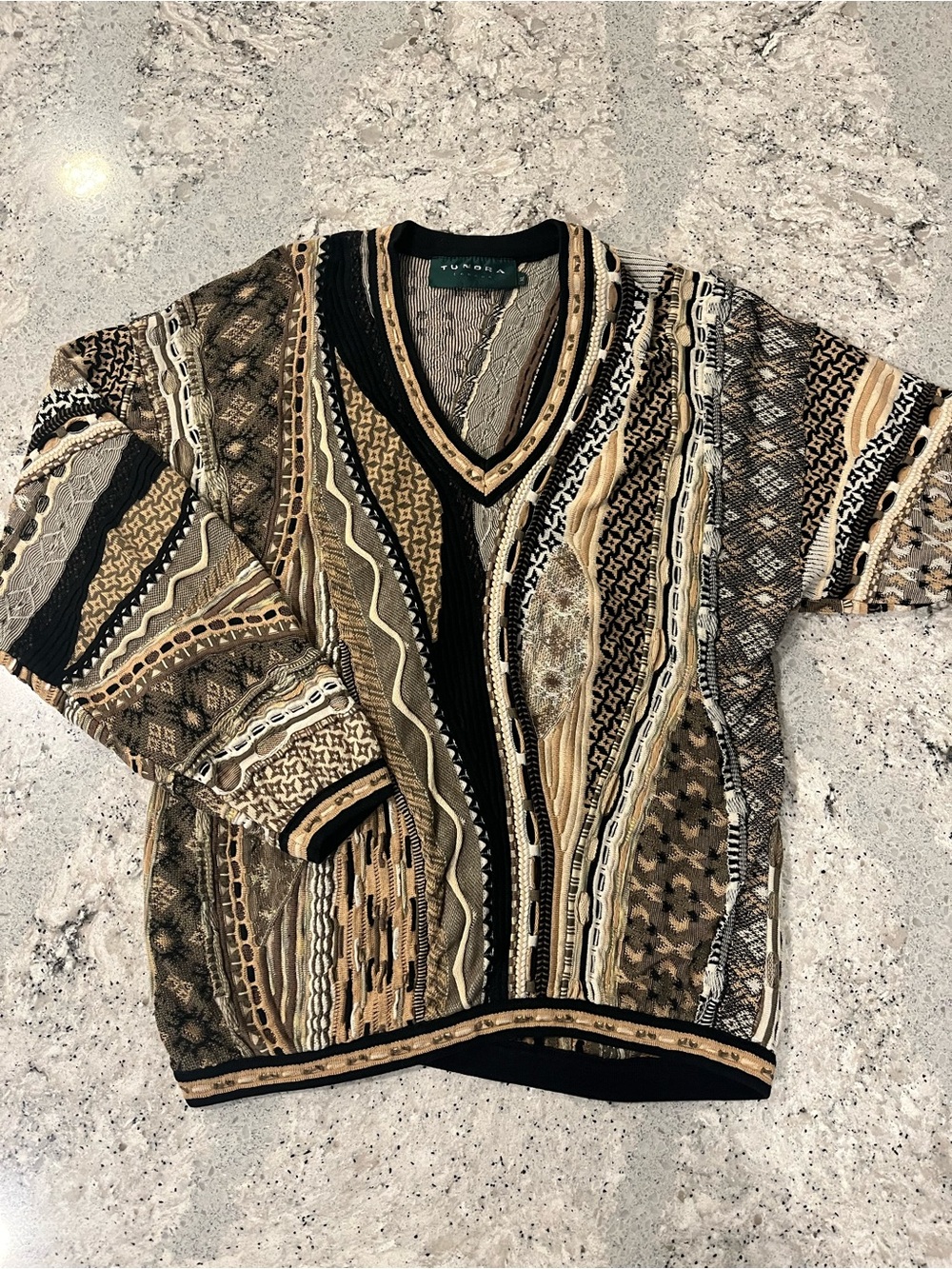 Vintage Tundra V-Neck Coogi styled  Sweater in Black & Tan